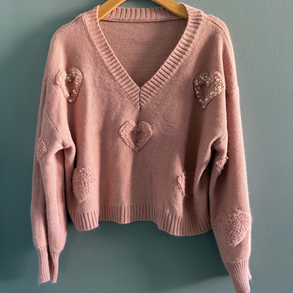 Shein Heart Pattern Drop Shoulder Beaded Sweater